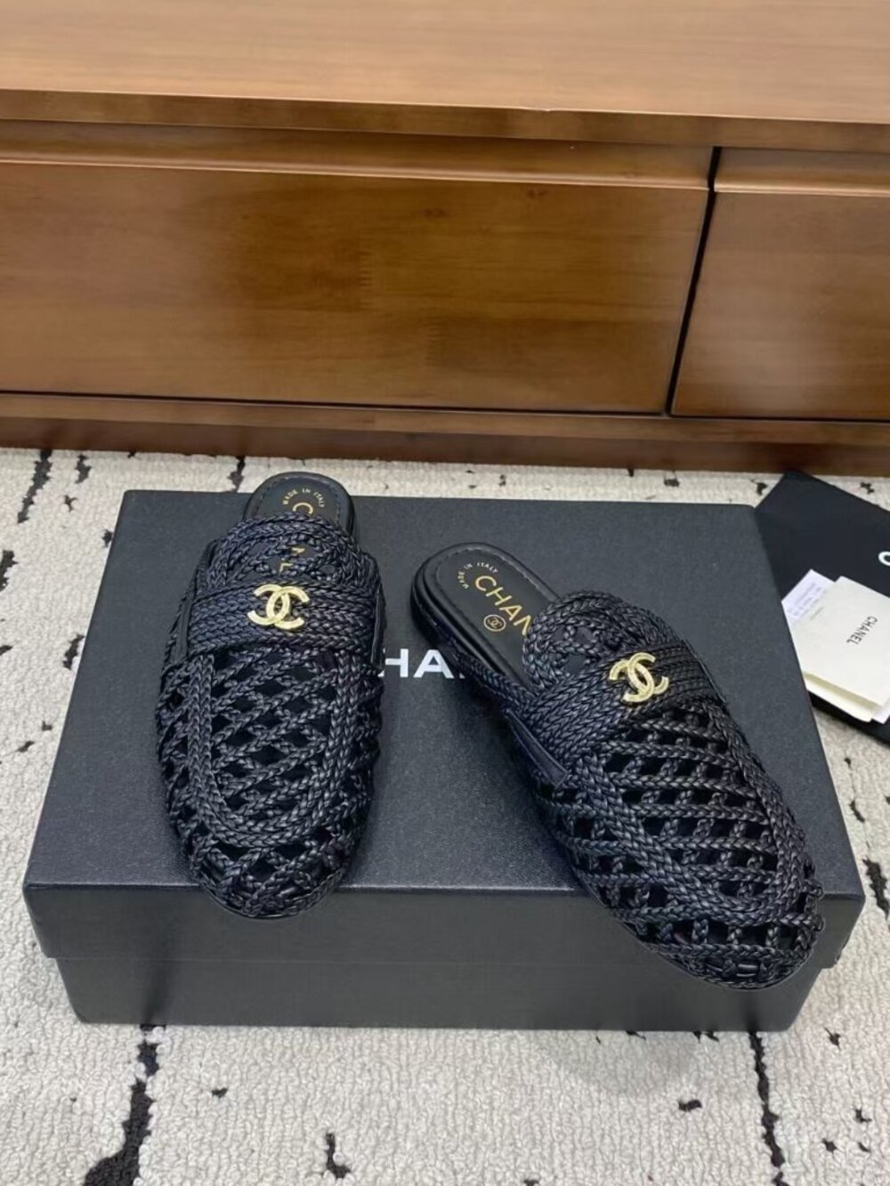 Chanel Black Woven CC Logo Mule Slides